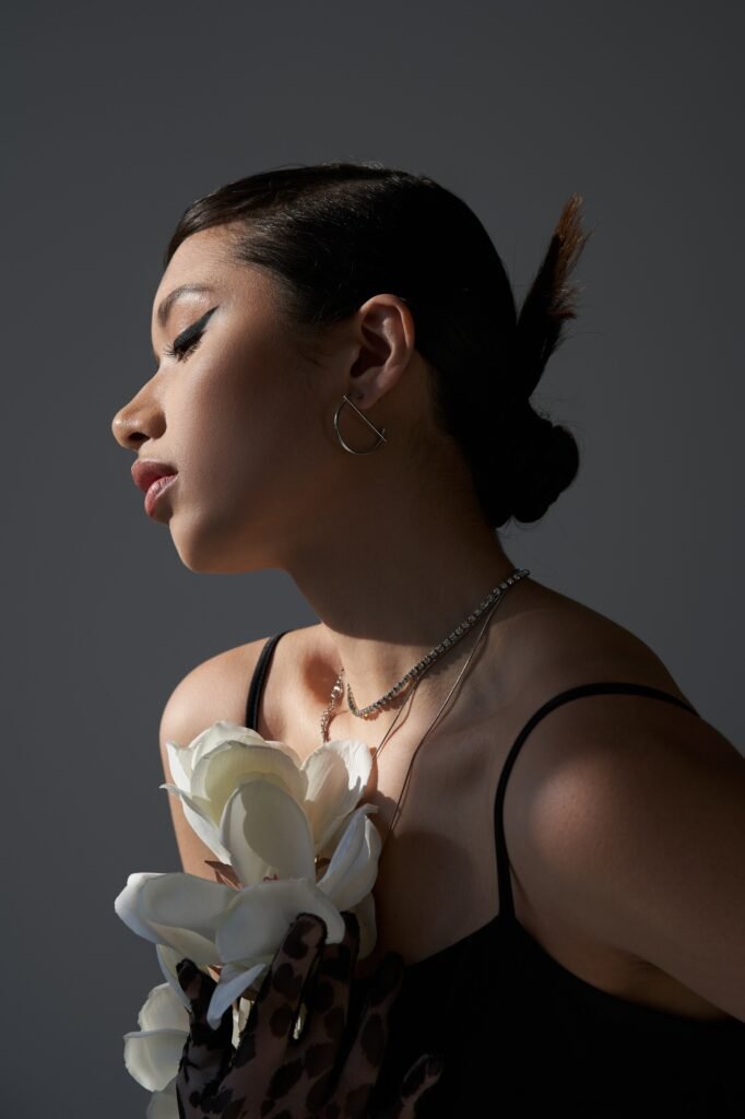 spring fashion photography,appealing asian woman with bold makeup and trendy hairstyle